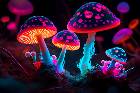 glowing neon mushrooms. Generative AI, Generative, AI.の素材