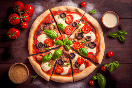 Pizza with basil on a wooden table top view. Generative AI, Generative, AI.の素材