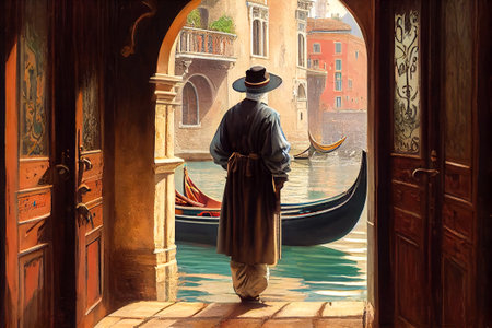 Venice canal with gondolier and gondola. Generative AI, Generative, AI.の素材
