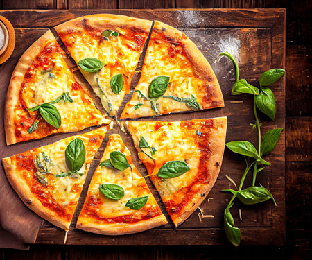 Pizza with basil on a wooden table top view. Generative AI, Generative, AI.の素材