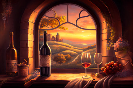 Wine and grapes on a window overlooking the sunset. Generative AI, Generative, AI.の素材