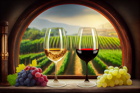 Glasses of wine on the window sill overlooking the vineyards. Generative AI, Generative, AI.の素材