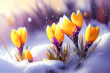 yellow crocuses in the snow. Generative AI, Generative, AI.の素材