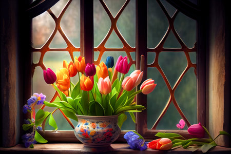 colorful tulips in a vase on the window. Generative AI, Generative, AI.の素材