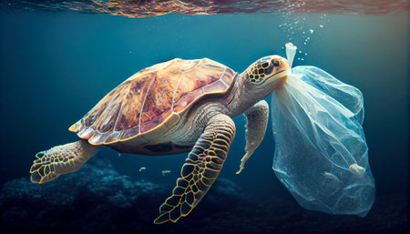 turtle collects plastic trash in the ocean. Generative AI, Generative, AI.の素材