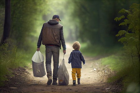 father and son picking up trash in the forest. Generative AI, Generative, AI.の素材