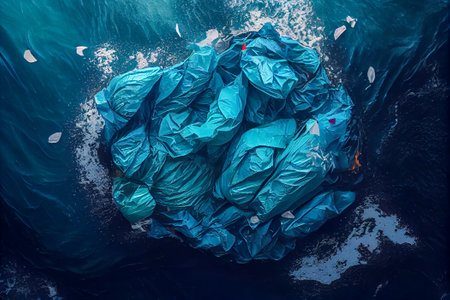 top view of garbage bags floating on blue ocean waves. Generative AI, Generative, AI.の素材