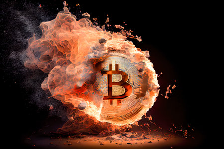 Burning bitcoin on a black background. Generative AI, Generative, AI.の素材