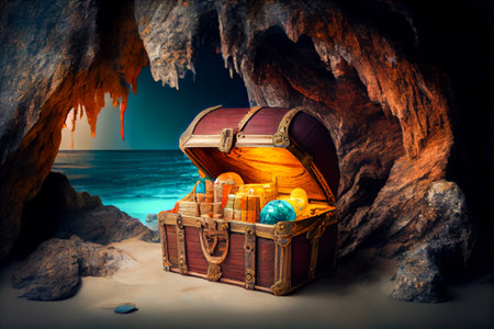 Pirate gold chest in a cave on the island. Generative AI, Generative, AI.の素材