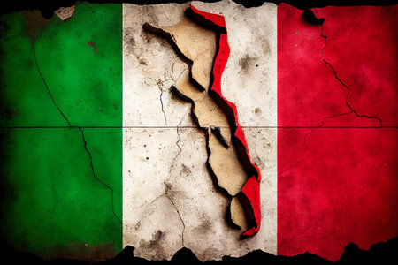 Italy flag on a cracked old wall. Generative AI, Generative, AI.の素材