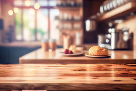 wooden table on background of blurred copy space kitchen. Generative AI, Generative, AI.の素材