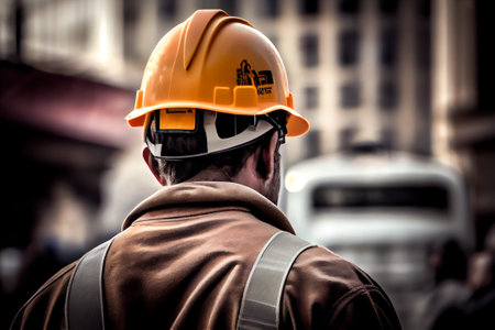 worker in a helmet view from the back. Generative AI, Generative, AI.の素材