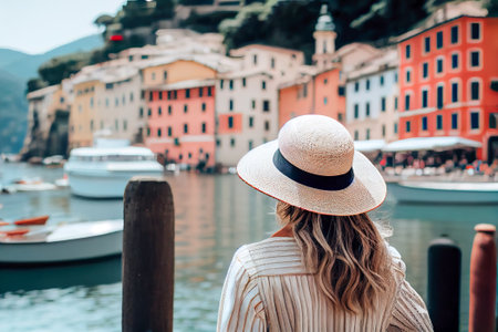 Girl in a white hat admiring Portofino Italy. Generative AI, Generative, AI.の素材