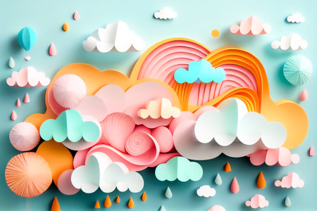 cloud desktop wallpaper pastel paper craft. Generative AI.の素材