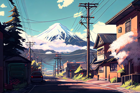anime view of a small japanese. village. Generative AI, Generative, AI.の素材