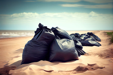 Black garbage bags on the beach. Generative AI, Generative, AI.の素材