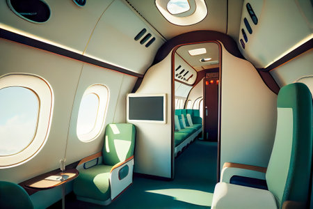 Interior of an airplane with blue seats and a view of the desert. Generative AI.の素材