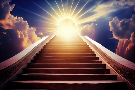 stairway leading to a door in the sky. Generative AI.の素材