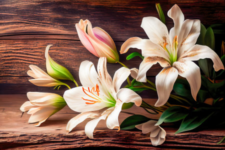 Beautiful lilies on a wooden background. Bouquet of flowers. Generative AI.の素材