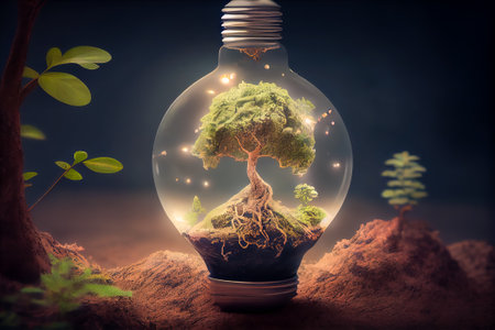 Ecology concept with tree growing inside of light bulb. Generative AI.の素材