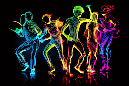 Dancing people silhouettes on black background. Colorful neon lights.の素材