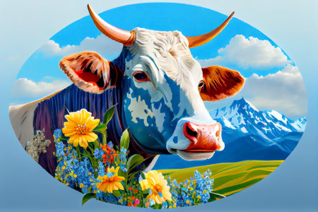 cow illustration in alpine meadow. Generative AI.の素材
