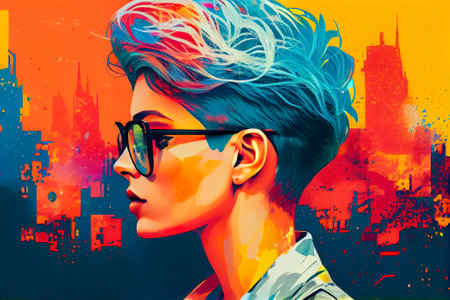 Portrait of a young women with glasses on a colorful background. Generative AI.の素材