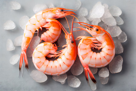 top view of shrimp with ice. Generative AI.の素材
