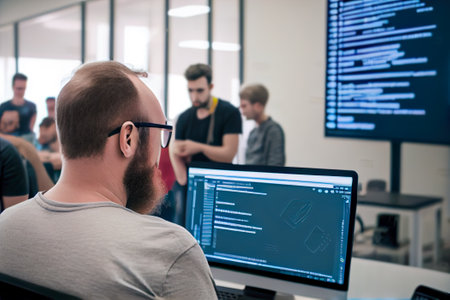 Side view of a man using a computer in a software development studio. Generative AI.の素材