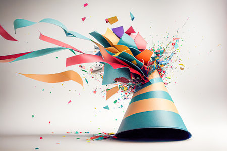 Party popper with confetti and ribbons. Generative AI.の素材