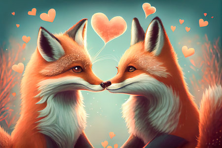 two foxes in love on dark background with hearts. Generative AI.の素材