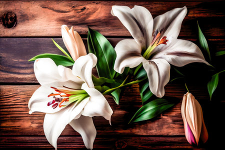 Beautiful lilies on a wooden background. Bouquet of flowers. Generative AI.の素材