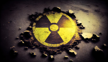 radiation hazard symbol on asphalt. Generative AI.の素材