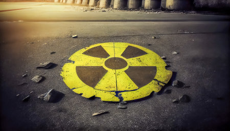 radiation hazard symbol on asphalt. Generative AI.の素材