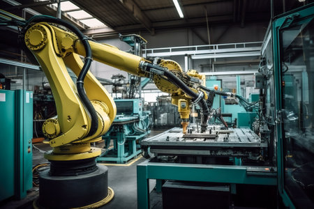 Industrial robot arm working on production line in factory. Smart industry 4.0 conceptの素材