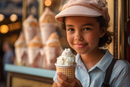 girl eating ice cream in a street food market. Generative AI.の素材