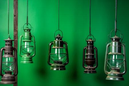 Vintage oil lanterns on a green background. retro style. Generative AI.の素材
