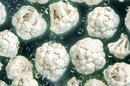 Cauliflower with water drops close-up. food background. Generative AI.の素材