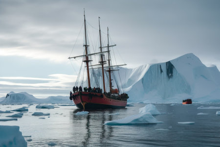 Antarctic ship with icebergs and mountains in the background. Generative AI.の素材