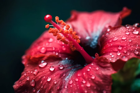 Close up of red hibiscus flower with water drops. Generative AI.の素材