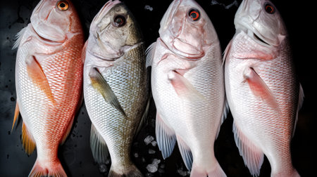Fresh fish on a black background, top view, close-up. Generative AI.の素材