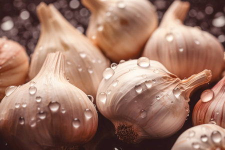 garlic on black background with water drops. Generative AI.の素材