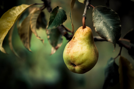 Ripe green pear on a branch with leaves on a dark background. Generative AI.の素材