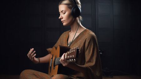 girl playing guitar with headphones. Generative AI.の素材
