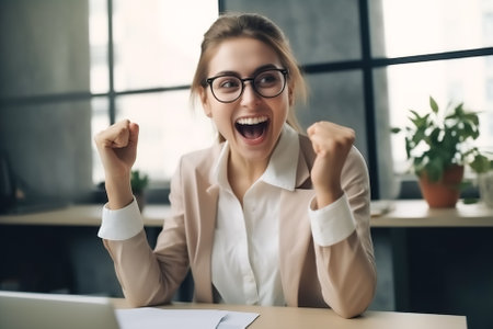 Excited businesswoman celebrating success in office. Successful businesswoman in eyeglasses sitting at table with laptop and raising hands up. Generative AI.の素材