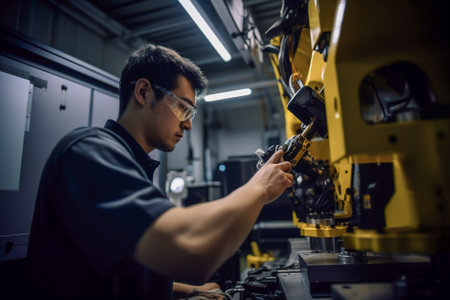 Engineer working with robot arm in factory. Smart industry 4.0 concept. Generative AI.の素材