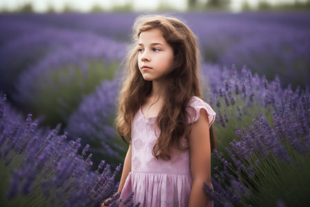 Beautiful little girl in lavender field at sunset. Girl with long hair. Generative AI.の素材