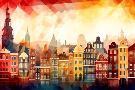 old european city watercolor illustration. Generative AI.の素材