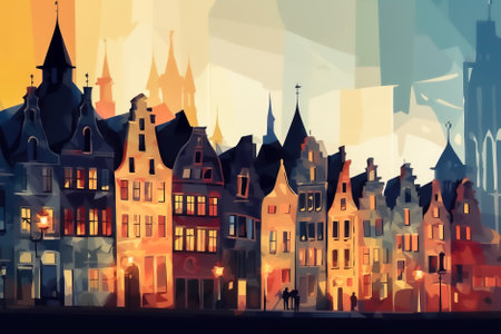 old european city watercolor illustration. Generative AI.の素材