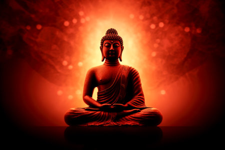 Buddha statue in lotus position on blue background with light rays. Generative AI.の素材